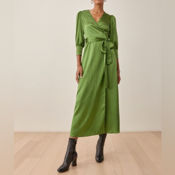 Reformation Merrick Peat Green Polka Dot Wrap Dress - Picture 3 of 4